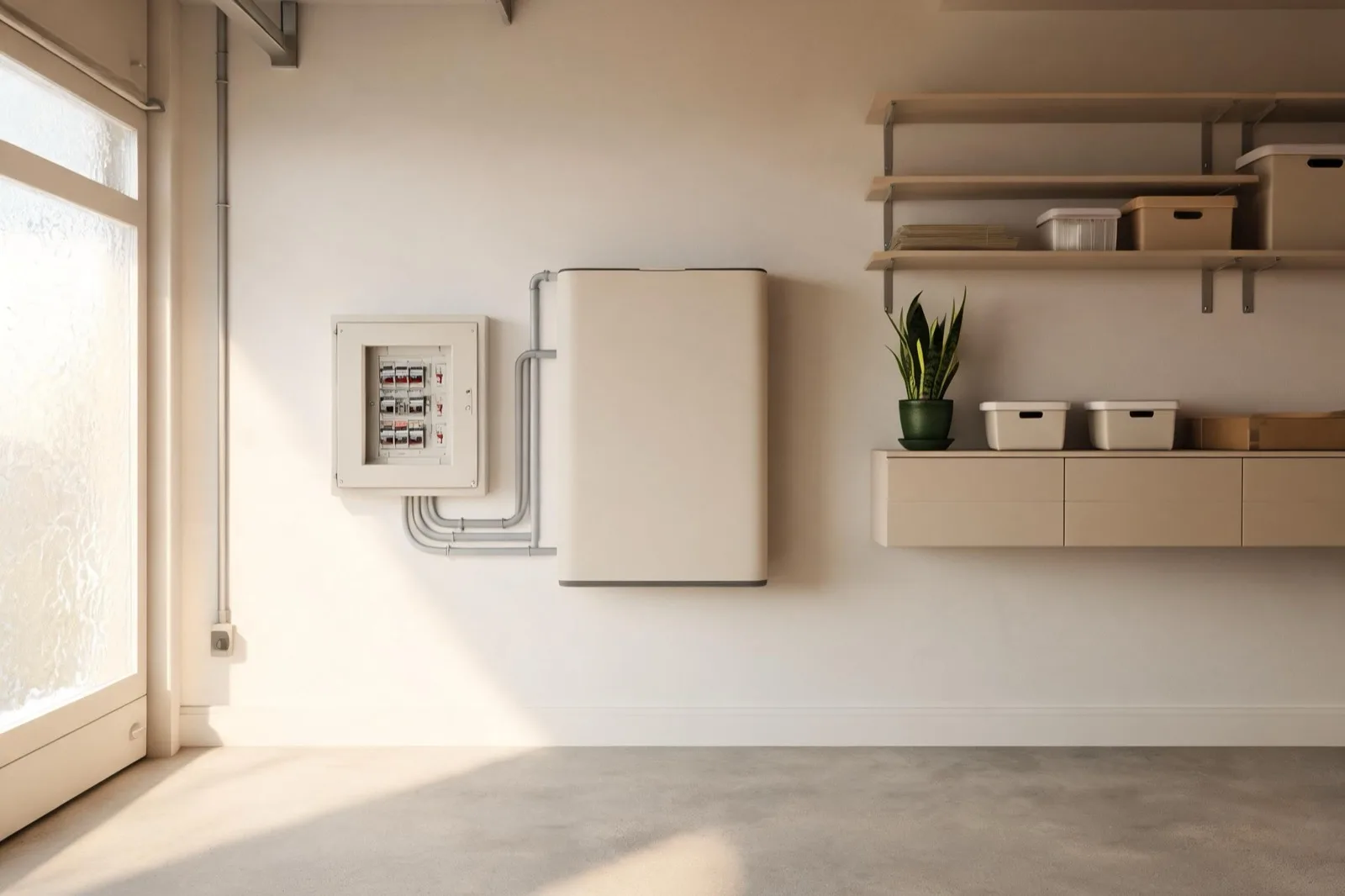 A wall-mounted all-in-one home battery beside an electrical panel in a tidy residential garage